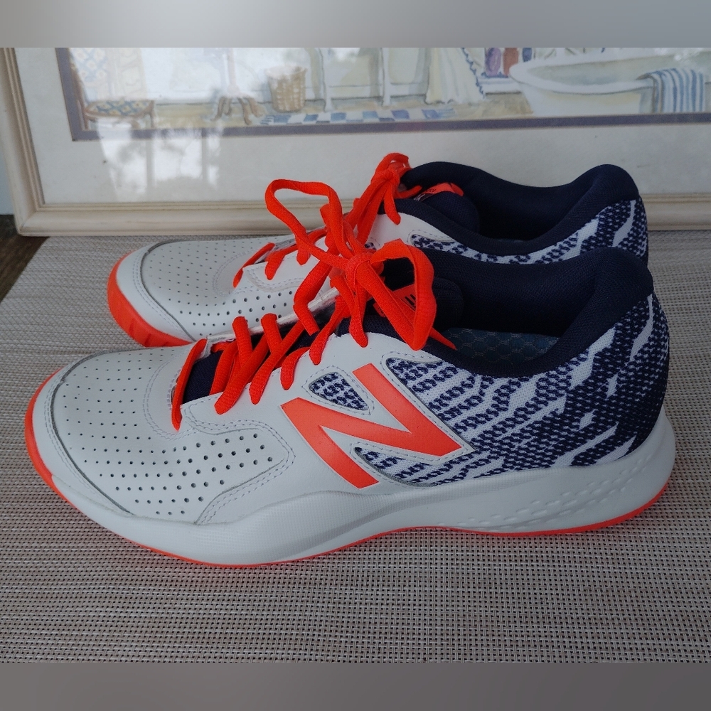Women's New Balance "696v3" White Leather/Coral/Blue Hard Court Shoes. Size 10.
